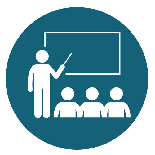 icon of a teacher at a blackboard in front of three students