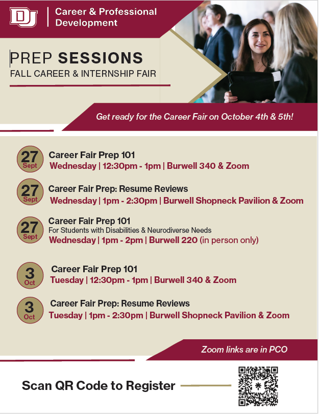Flyer for Career Fair Prep sessions. All information is included in the event description. 