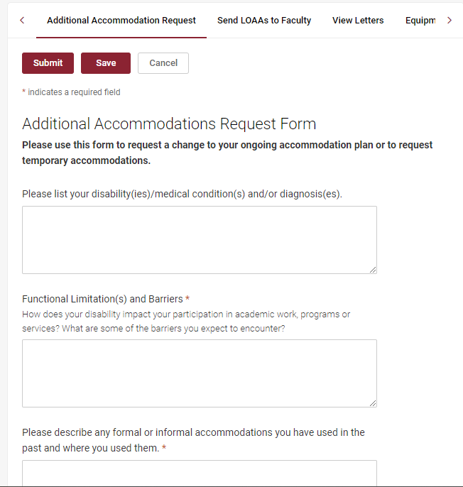 The additional accommodations request form. 