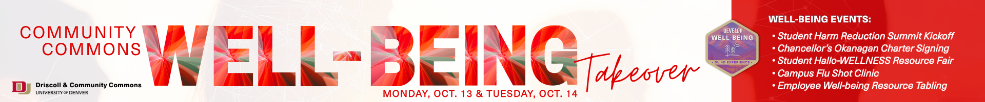 Banner with large text Community Commons Well-being Takeover, October 13th & 14th. Links to CrimsonConnect events list