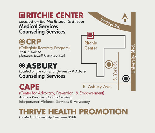 Graphic showing relative locations of HCC offices at Ritchie Center, Asbury (Counseling), and the Center for Collegiate Recovery (CRP)