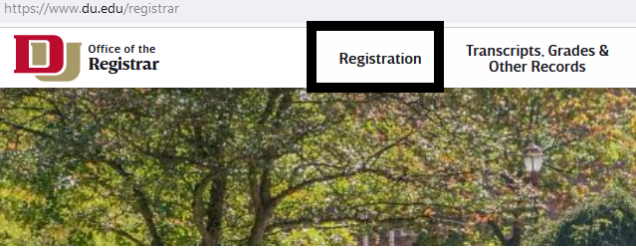 The DU registrar website. The registration tab is highlighted.