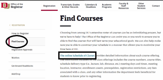 The find courses tab of the registration page. The link within the body text for Online Schedule of Classes is highlighted