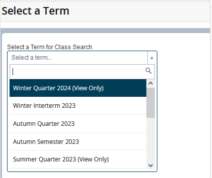 the drop down menu for terms in the class search