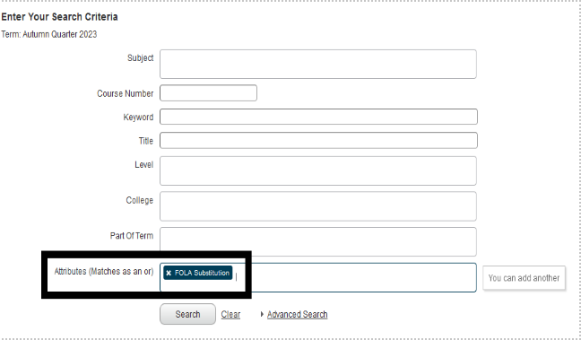The search criteria for classes. In the attributes field, FOLA substitution has been added 