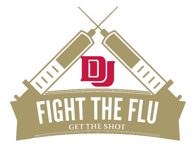 DU logo with two syringes and banner Fight the Flu, Get the Shot