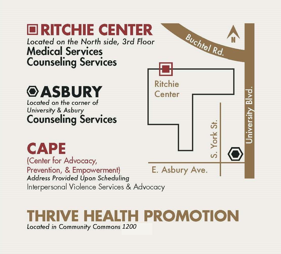 Graphic showing relative locations of HCC offices at Ritchie Center, Asbury (Counseling), and Community Commons (Health Promotion)
