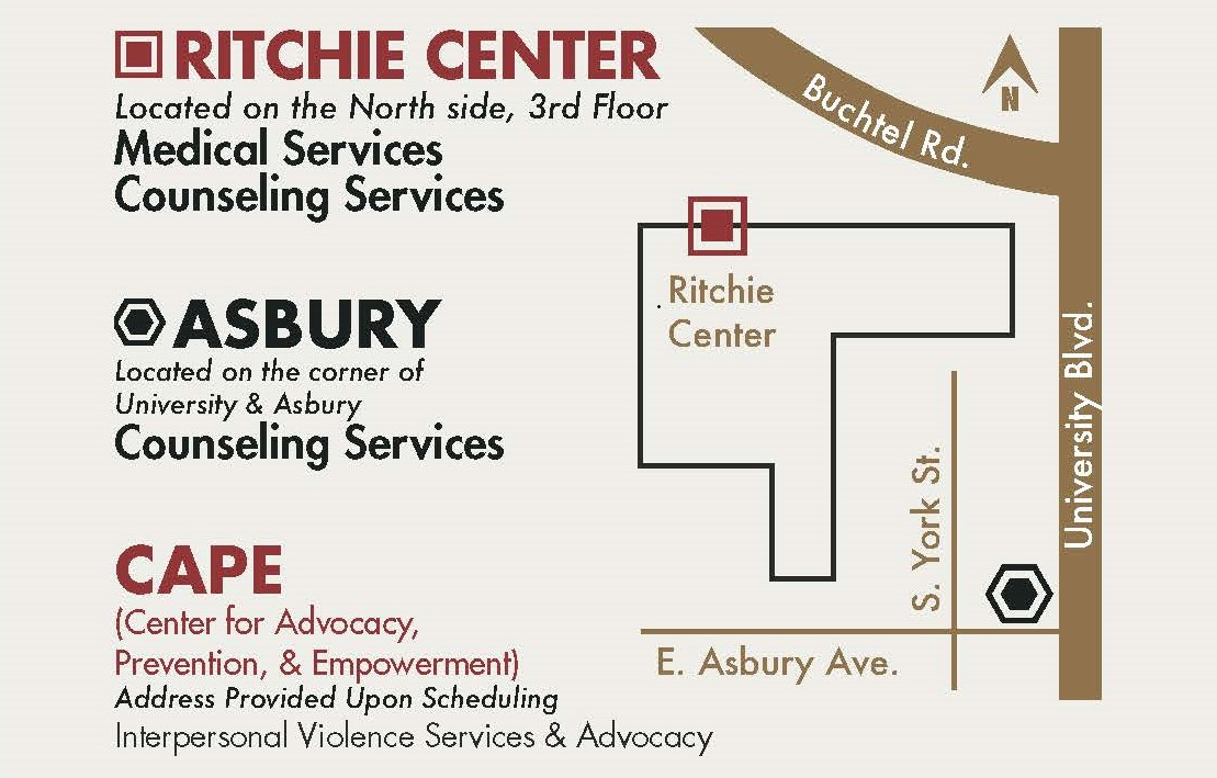 Simple stylized map showing locations of HCC Ritchie Center and Asbury (Counseling) locatoins, relative to Buchtel, University and Asbury streets. Notes CAPE location provided upon scheduling.