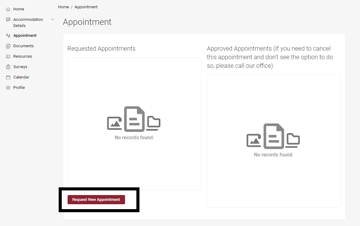 The appointments screen in Accommodate. The request new appointment button is highlighted.
