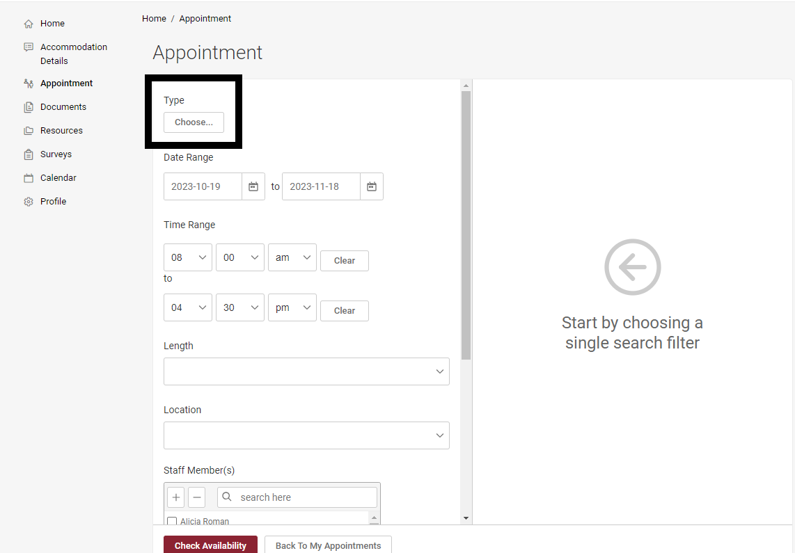 The appointments request screen in Accommodate. Under Type, the choose button is highlighted.