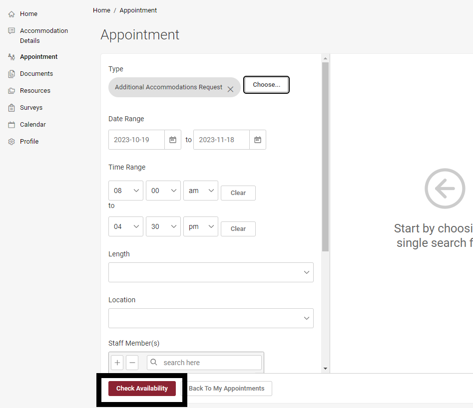 The appointments request screen in Accommodate. At the bottom of the screen, the check availability button is highlighted.