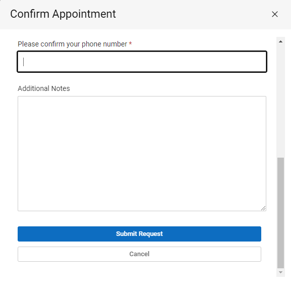 the confirm appointment dialog box with a text entry for phone numer