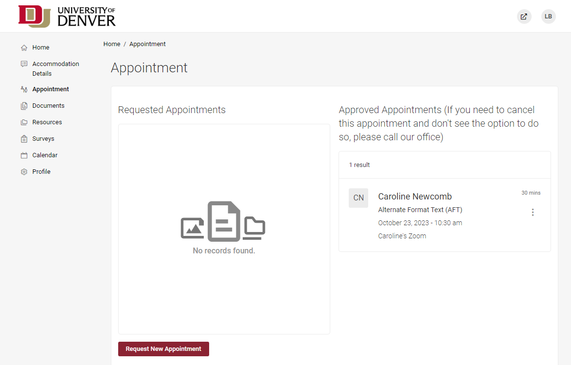 The appointments request screen in Accommodate showing an approved appointment