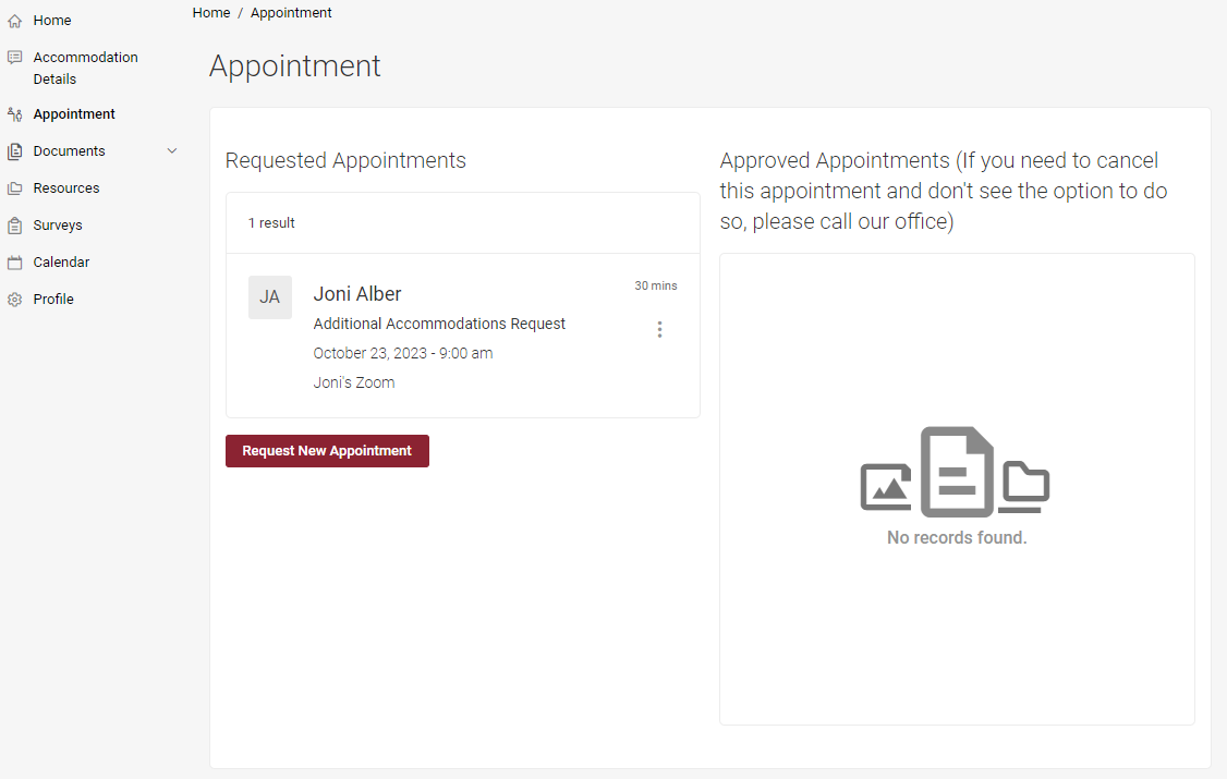 The appointments request screen in Accommodate showing a requested appointment