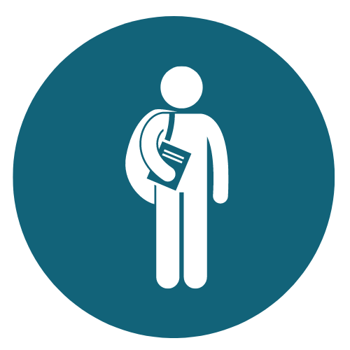 icon of a person wearing a backpack and carrying a book