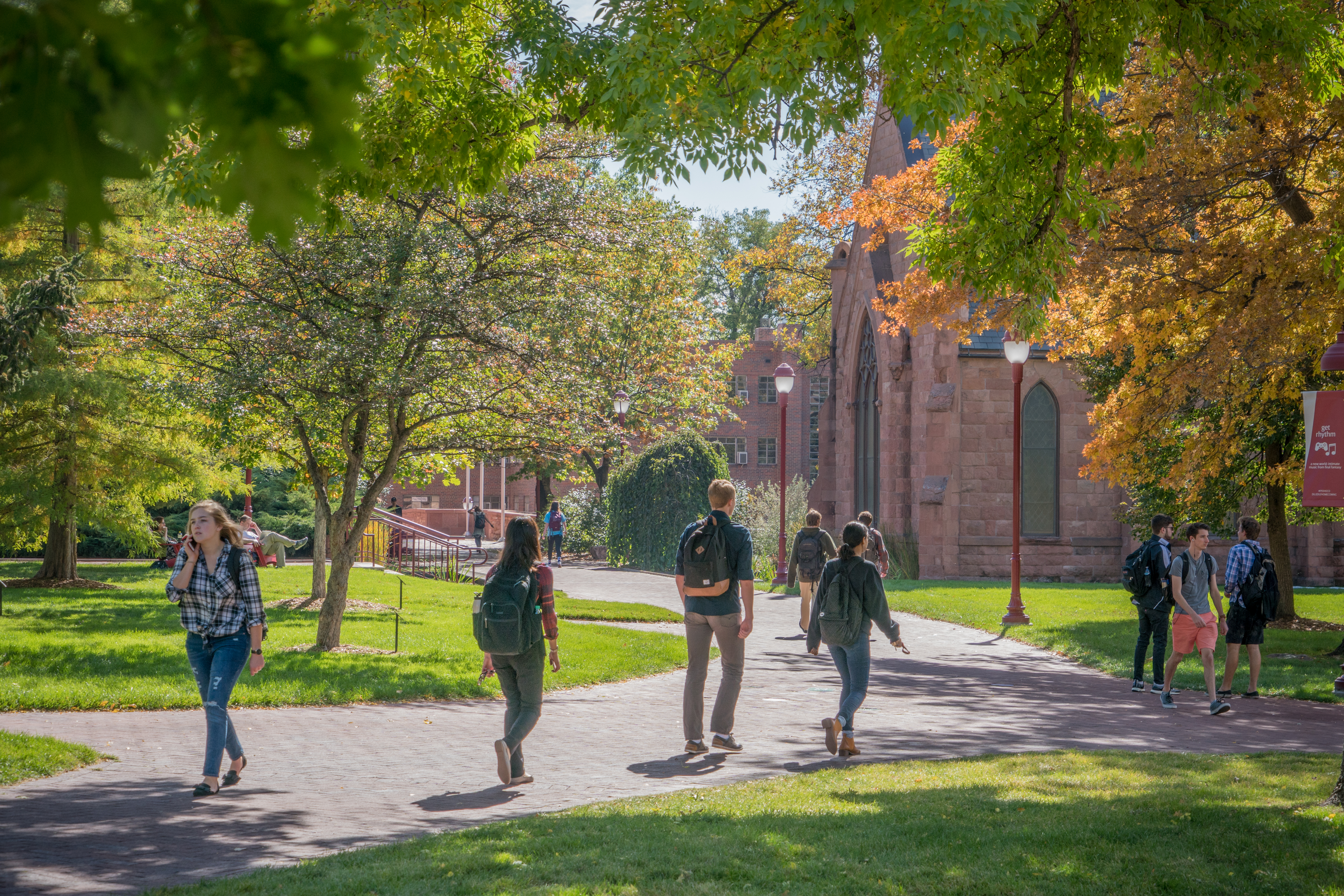 students walking on DU campus
