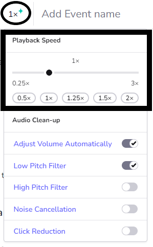 The 1x button on the Glean toolbar is selected. There is a slider to adjust playback as well as buttons for set speeds. 