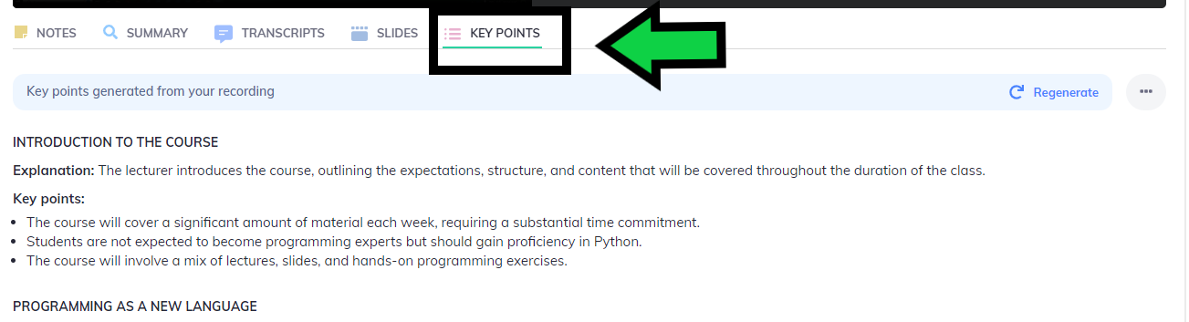 The Jamworks student webpage. The button for key points is highlighted.