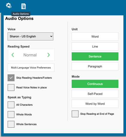 the drop down menu for audio options. You can change the voice, reading speed, unit spoken, and mode of reading. 