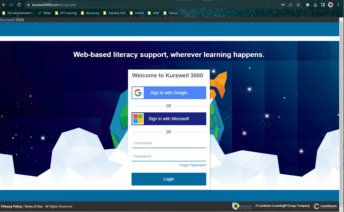 the Kurzweil log in page. There is a button that says "Sign in with Microsoft"