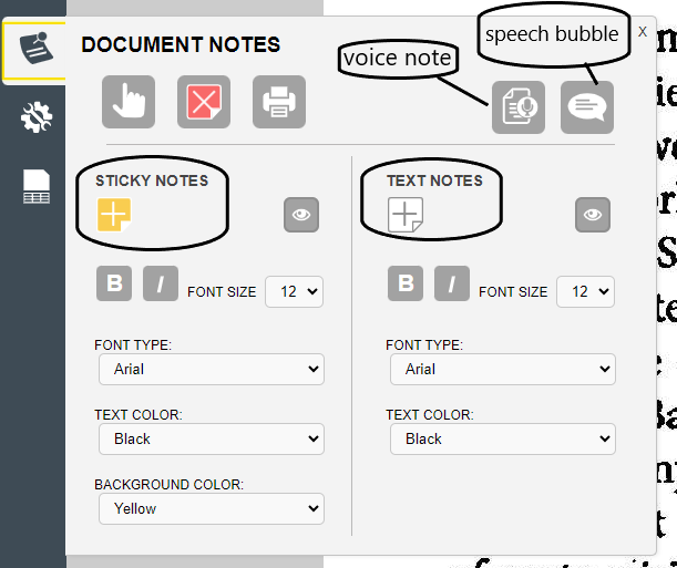 The Kurzweil notes pop up box with the different options for notes highlighted. 