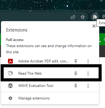 The drop down menu that appears when you click the extension button. Read the Web is highlighted