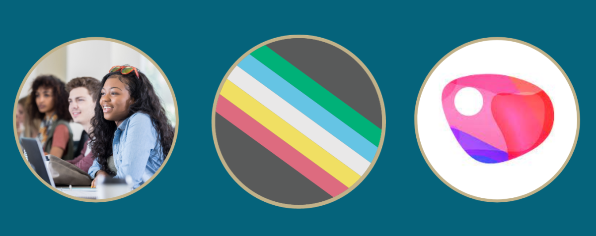 three circles. The first circle shows a woman taking notes in class. The second circle has the disability pride flag. The  third circle has the logo for Glean for education