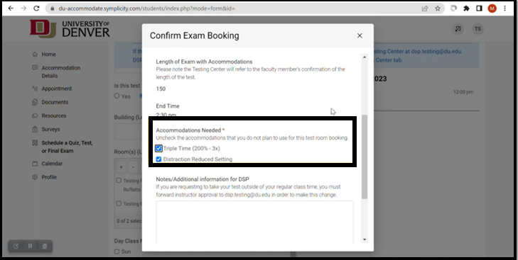 A pop up dialog that allows you to check the accommodations you wish to use on your test